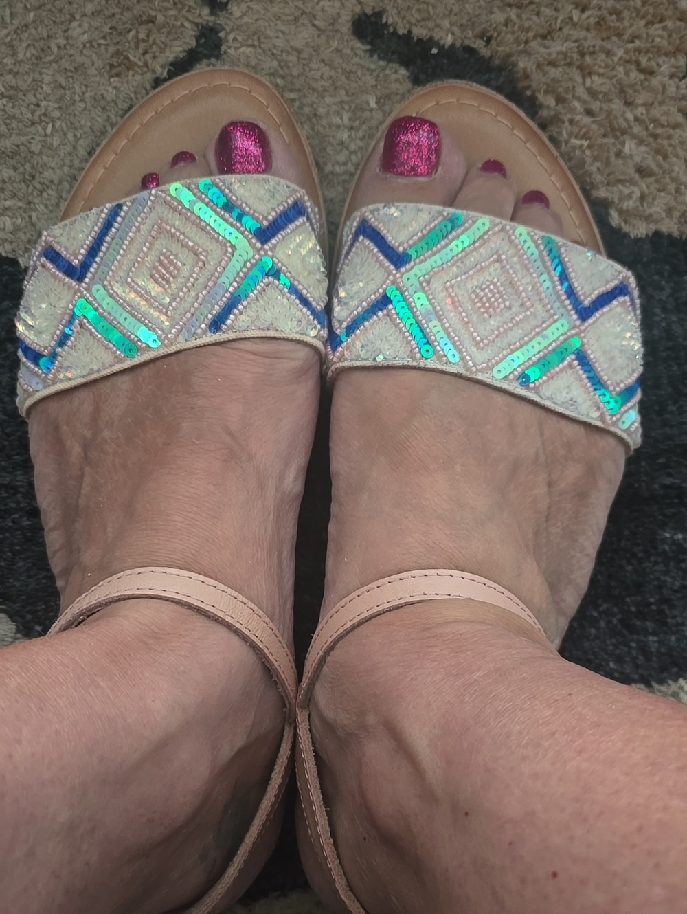 Old Navy Pink Beaded Ankle-Strap Sandals with Iridescent Accents